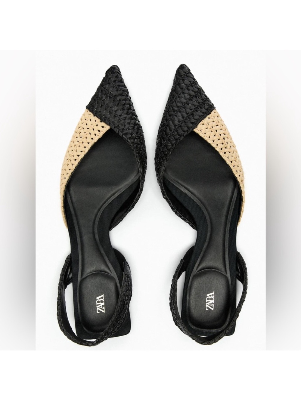 Zara woven Black and Natural Pointed Slingback Flats
